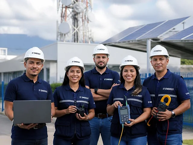Ingenieros y técnicos instaladores de IT Energy con uniforme y casco frente a una torre de comunicaciones y paneles solares